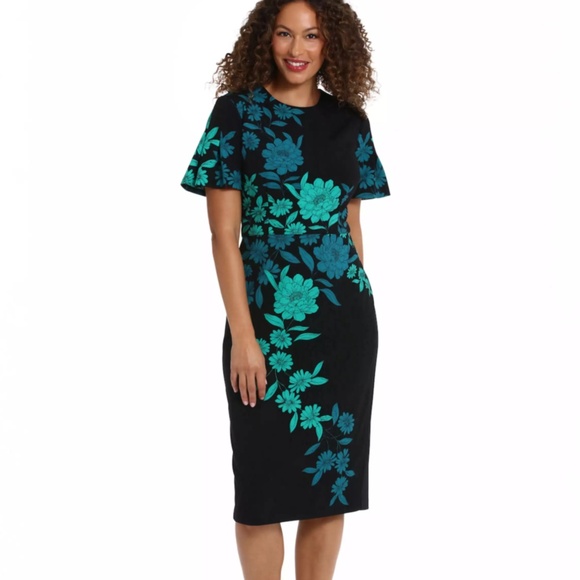 London Times Floral Short Sleeve Midi Sheath Dress, size 16 - Picture 1 of 13